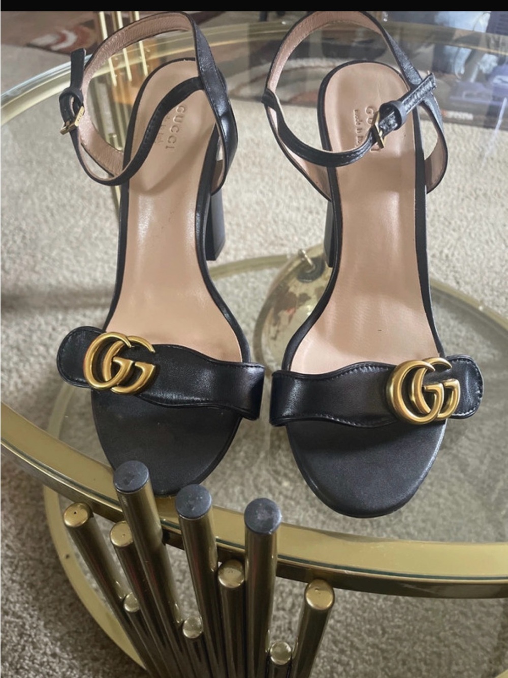 Gucci Black Leather Mid-Heel Sandals with Gold Double G Accents